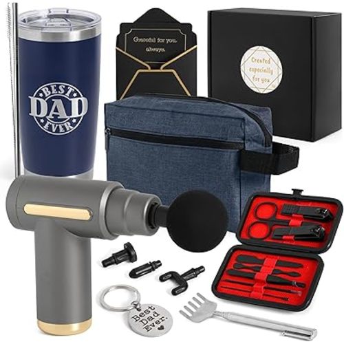 Luxury Dad Gift Box with Deep Tissue Massage Gun – Ultimate 7-Piece Birthday Set includes 20oz Tumbler, Toiletry Bag & Grooming Kit – Premium Father’s Day Gift Basket