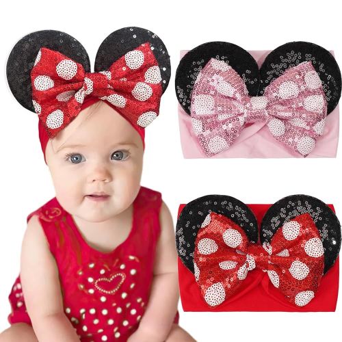 2Pcs Baby Girl Large Mouse Ears Dot Headbands with Sequin Bow, Wide Nylon Turban Hairband, Theme Park Headwear, Hair Bow Headband for Toddler, Kids, Party Supplies
