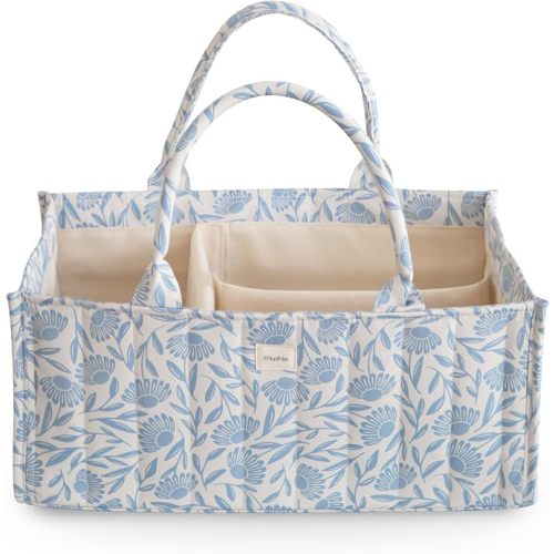 mushie Baby Diaper Caddy | Newborn Essentials Organizer (Blue Flowers)