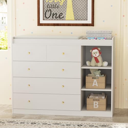 Baby Dresser Changing Table with 5 Drawers(47.2" W x 19.6" D x 36.2" H) | Waterproof Diaper Changing Station with 3 Storage Shelves Nursery Organizer for Infant and Newborn White