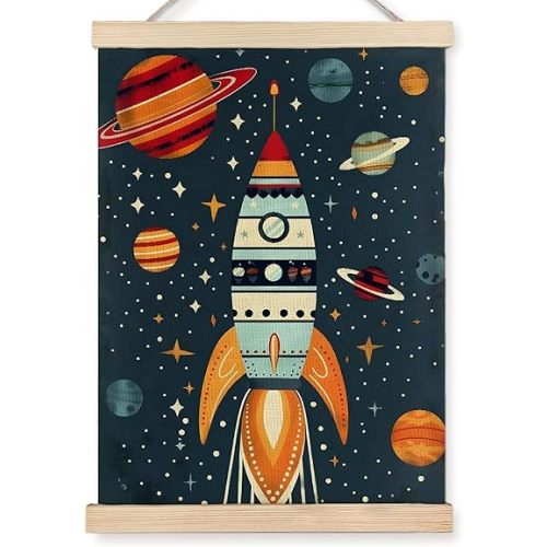 URLLUAE Rocket Ship Space Wall Art Posters for Kids Room, Colorful Outer Space Planet Poster Hanger Frame for Boys Bedroom Classroom Nursery Playroom Wall Decor, 12x16 Inch