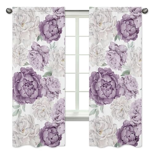 Sweet Jojo Designs Lavender Purple Boho Shabby Chic Floral Girl Window Curtains Treatments Panels Baby Nursery Kids Bedroom Kitchen Living Room Coverings Set of 2 Ivory Bohemian Vintage Watercolor