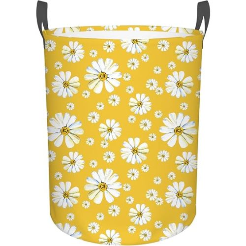 Daisy Flower Laundry Basket, Vintage Groovy White Floral Laundry Hamper, Oxford Waterproof Foldable Clothes Storage Bin, Toy Organizer Basket for Bathroom/Household/College Dorms 15.7"x19.6"