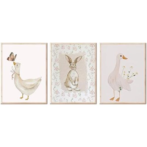 Kids Room Wall Art Print Set of 3 Vintage Nursery Wall Art Baby Girl Bunny and Goose Nursery Poster Cute Funny Animal Painting Children Room Canvas Decor Rustic Baby Bedoom Artwork, 12"x16" Unframed
