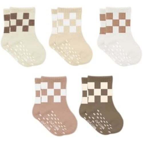 bistyle Baby Non-Slip Grip Ankle Socks 5 Pairs Checkerboard Pattern | Newborn Infant Toddlers Sock Organic Cotton
