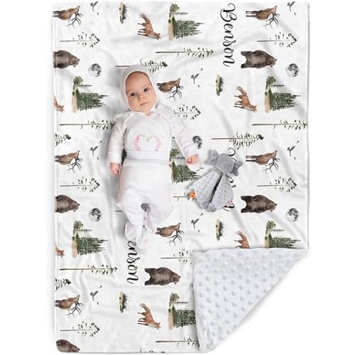 Custom Baby Blanket - Personalized Name with Woodland Animals Design - Soft Plush Blanket with Double Layer Dotted Backing for Boys Girls Gift Color07