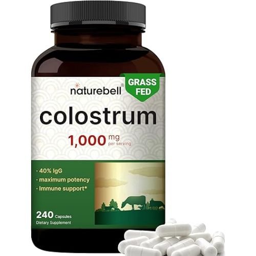 NatureBell Bovine Colostrum Supplement 1,000mg Per Serving, 240 Capsules | 40% IgG Colostrum Powder for Gut Health, Bloating, Skin, Hair & Immune Support – Non-GMO