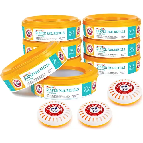 Munchkin® Arm & Hammer Diaper Pail Refill Rings, 2,176 Count, 8pk (272 Count each) and 3pk Puck Baking Soda Cartridge
