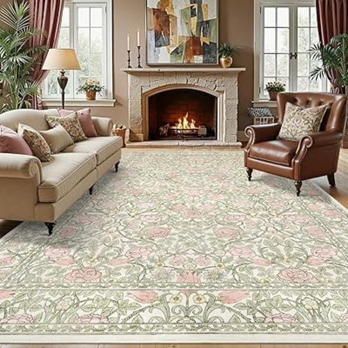 GarveeHome Pink and Green Vintage Floral Washable Rugs 8x10 for Living Room Boho Retro Botanical Rug Low Pile Stain Resistance Non Slip Carpet for Bedroom Nursery Dining Room