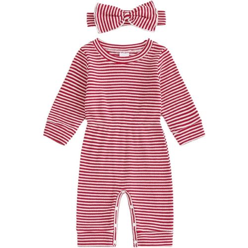 Winioder Newborn Baby Girl Fall Clothes Ribbed Long Sleeve Romper Jumpsuit with Headband Infant 2Pcs Coming Home Outfit