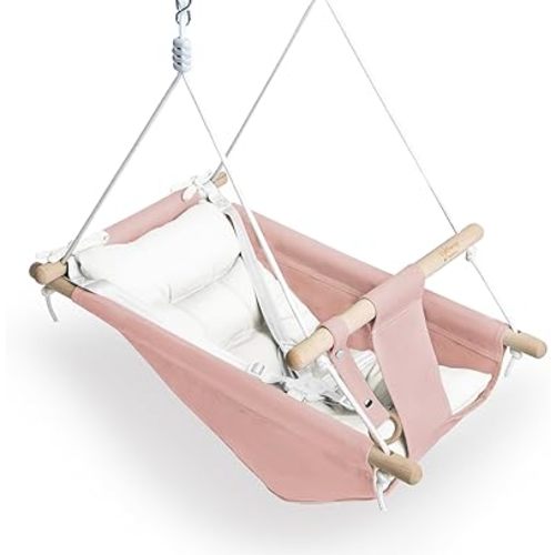 Baby Swing for Baby and Toddler, Canvas Baby Hammock Swing Indoor and Outdoor with Safety Belt and Mounting Hardware, Wooden Hanging Swing Seat Chair for Baby up to 3 Years - Pink