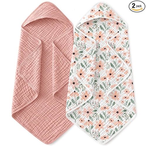Yoofoss Hooded Baby Towels for Newborn 2 Pack 100% Muslin Organic Cotton Baby Bath Towel with Hood for Babies, Infant, Toddler and Kids, Large 32x32Inch, Soft and Absorbent Newborn Essential