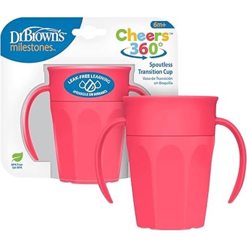 Dr. Brown's Milestones Cheers 360 Spoutless Transition Cup with Handles, Travel Friendly and Leak Free Sippy for Babies and Toddlers, Pink, BPA-Free, 7 oz/200 mL, 6m+