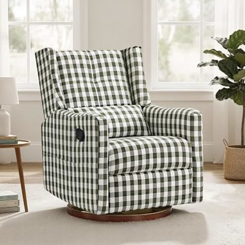 KISLOT Swivel Rocking Recliner Chair, Manual Nursery Glider, Green Plaid