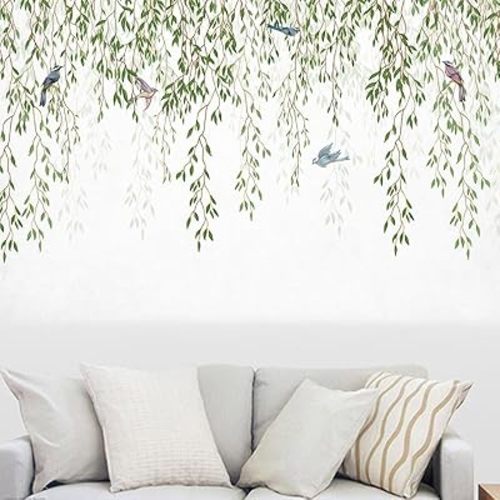 Hanging Green Leaves Wall Decals Green Tropical Vine Wall Sticker Willow Branches Creative Vinyl Peel and Stick Removable Wall Art Decor for Living Room Bedroom Home Office (Willow Branches)