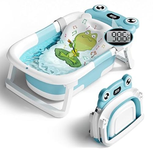 BUNWAG Baby Bathtub, Collapsible Newborn Bathtub for Infant to Toddler with Soft Cushion and Thermometer,Portable Travel Newborn Tub with No-Slip Feet, Baby Shower Gifts, 0-12 Months Baby Bath, Green