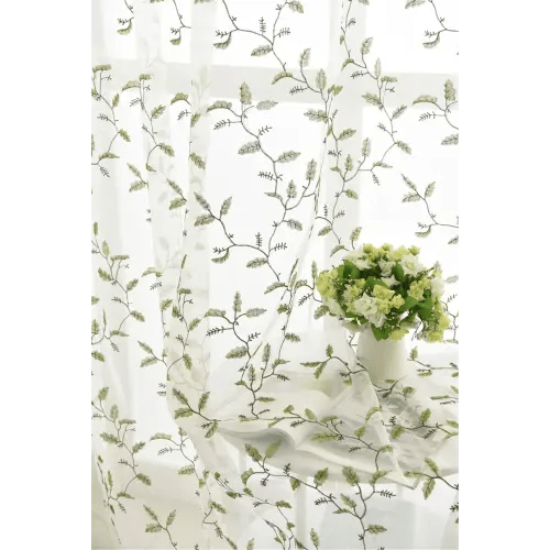 Embroidered Sheer Curtain: Green Branches on White Polyester, Set of 2; W45" x L84"