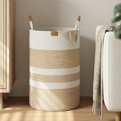 75L Striped Laundry Hamper with Leather Handles,Large Foldable Laundry Basket for Clothes,Cotton Rope Storage Bin for Blankets,Woven Clothes Basket for Bedroom,Beige Stripes
