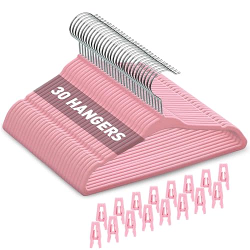 Babyrish Velvet Baby Hangers with Clips (30 Pack) | 11” Ultra-Slim Baby Clothes Hangers | Non-Slip Felt | Space-Saving Nursery & Infant Closet Organizer | Pink