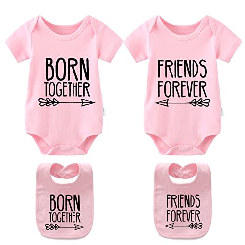 YSCULBUTOL Baby Twins Bodysuits Best Friends Forever Baby Clothes Set with Bibs Girl Outfit with hat