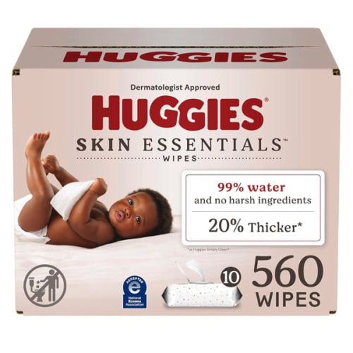 Huggies Skin Essentials Baby Wipes, Hypoallergenic, 99% Water, 10 Flip Top Packs (560 Wipes Total)