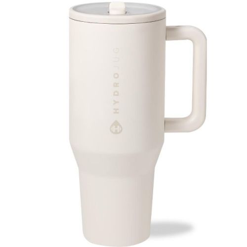 HydroJug Traveler - Water Bottle with Handle & Flip Straw - Leak Resistant Tumbler, Insulated, Stainless Steel & Rubber Base - 40 oz, Cream