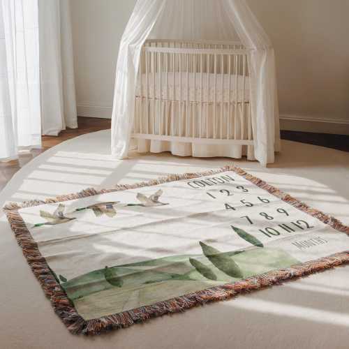 Personalized Mallard Duck Baby Blanket, Hunting Themed Name Blanket For Boys, Baby Shower Gift, Milestone Nursery Decor, Woven Keepsake