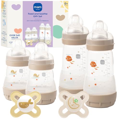 MAM Easy Start Anti-Colic Baby Bottle Starter Set – 4 Self Sterilizing Bottles (5oz & 9oz) + 2 Newborn Pacifiers Breastfed Baby Feeding Gift Set