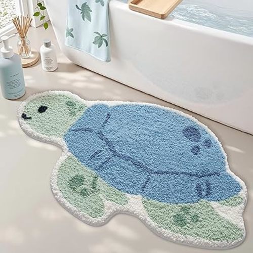 LUMI Cute Animal Bathroom Rugs, Plush Absorbent Bath Mats for Bathroom, Non-Slip Backing Washable Bath Mat, Ideal for Shower Sink Bathtub Room Decor, 20"x33", Blue Sea Turtle