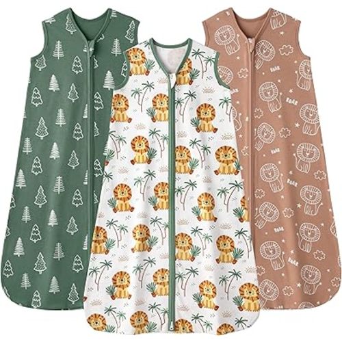 Baby Sleep Sack 0-6 months, 100% Cotton Sleeping Sack for Newborn and Infant, 3 Pack Baby Wearable Blanket, 0.5 Tog Lightweight Double Zipper Sleep Bag Small Brown Green Lion