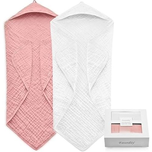 35x35 Inch 2 Pack 100% Muslin Cotton Baby Bath Towel, Hooded Baby Towels for Newborn, Soft Baby Beach Towels with Hood for Infants, Toddlers and Kids, Essentials Must Haves Dusty Pink+ White
