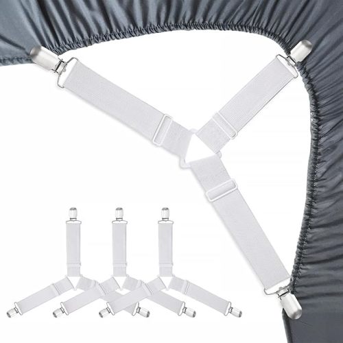 Bed Sheet Fasteners, Adjustable Mattress Suspenders, Mattress Cover Straps, Bed Corner Holder and Keepers and the Bed Sheet Grippers Clips (Triangle White Set of 4)