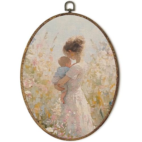EGVQK Vintage Floral Nursery Oval Wall Art, Rustic Cottagecore Framed Canvas Prints Wall Art, Mom and Child Wildflower Oval Canvas Hanging Wall Decor for Bedroom Nursery Room Decorations, 8.5x11.5in