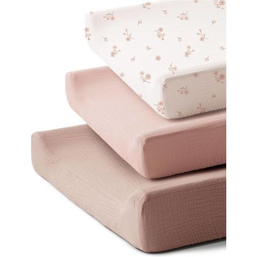 3 Pack Muslin Changing Pad Covers for Girl, Boy, 100% Soft Cotton Changing Table Cover, Breathable Baby Nursery Diaper Change Pad Fitted Sheets (Daisy Petal)