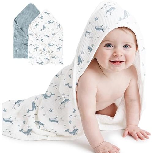 Konssy 2-Pack Muslin Hooded Baby Towels, 100% Cotton, Ultra-Soft & Absorbent Baby Bath Towels with Hood for Newborn & Infant (Blue, Blue Whale, 32" x 32")