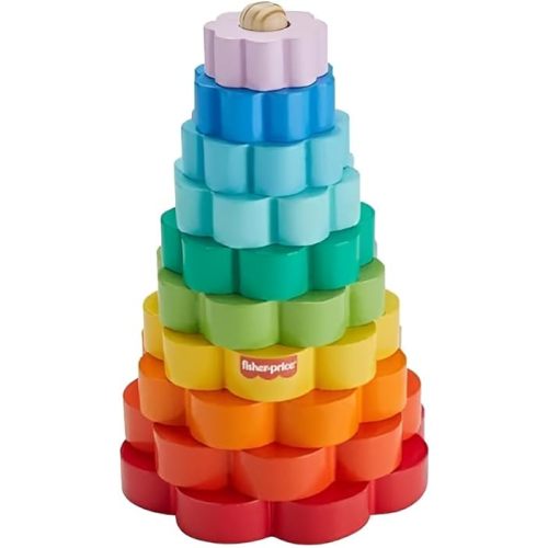 Fisher-Price Wood Toddler Toy Ring Stacker, 10-Piece Wooden Stacking Activity for Fine Motor Skills Play Kids Ages 18+ Months