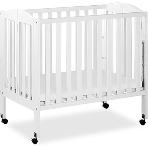 3 in 1 Portable Folding Stationary Side Crib in White, Greenguard Gold Certified, Safety Wheel with Locking Casters, Convertible, 3 Mattress Heights