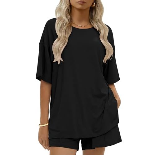 Ekouaer Womens 100% Cotton 2 Pieces Short Sets Summer Short Sleeve Outfits Casual Matching Lounge Set with Pockets