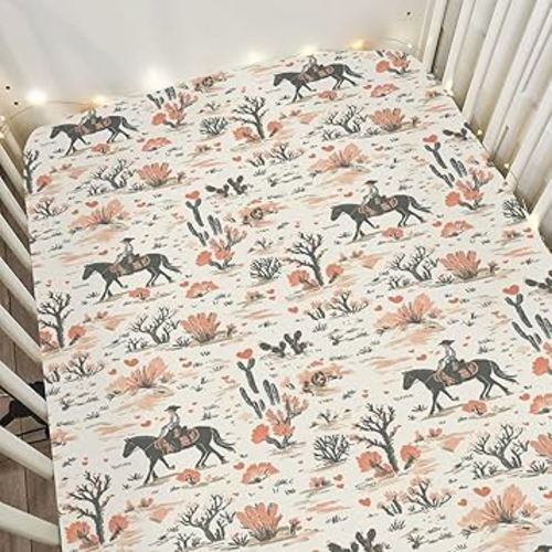 Vintage Western Cowgirl Love Baby Crib Sheets for Boy Girl 28"x52" Retro Pink Cowgirl Horse Cactus Soft Stretchy Fitted Crib Mattress Cover Wild West Baby Sheet for Standard Crib and Toddler Mattress
