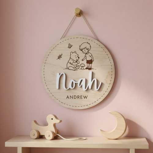Personalized Winnie The Pooh Door Sign, Custom Name Door Signs, Bedroom Door Sign Classic Pooh, Kids Bedroom Decor, Nursery Door Hanger Sign