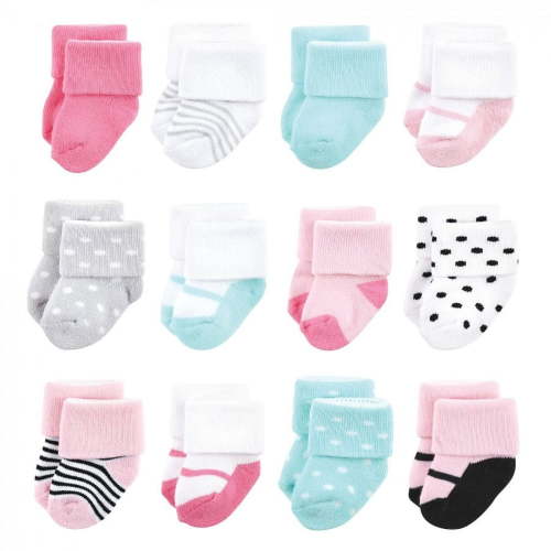 Luvable Friends Baby Girl Newborn and Baby Terry Socks, Mint Pink Mary Janes 12-Pack, 0-6 Months