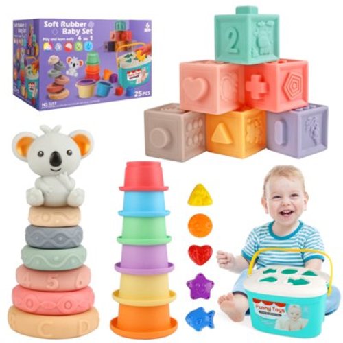 UQN Montessori Toys for 1 Year Old, 4 In 1 Baby Toys 6-12 Months, Soft Baby Teething Toys, Learning Gifts for Baby Girls Boys, Birthday Chrismas Gift