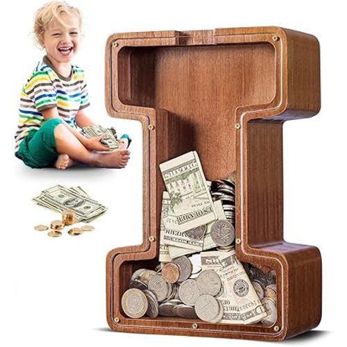 Summidate Wooden Letter Piggy Bank for Kids Adults, 12" I Clear Money Bank