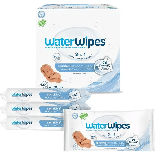 WaterWipes Plastic-Free Original Baby Wipes, 99.9% Water Based Wipes, Unscented & Hypoallergenic for Sensitive Skin, 240 Count (4 packs), Packaging May Vary
