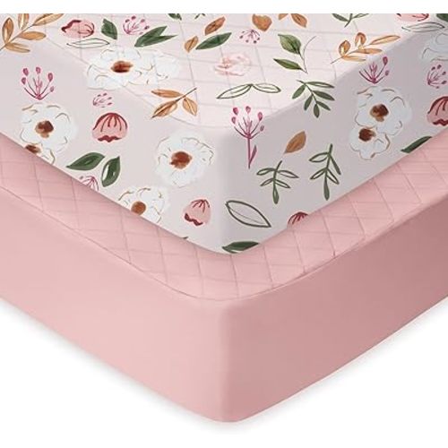 Light Quilted Changing Pad Cover 2 Pack, Soft Fitted Changing Table Covers for Baby Boys and Girls, Pink Floral
