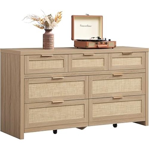 SICOTAS 7 Drawer Dresser for Bedroom, 57" Wide Rattan Dressers, Large Chest of Drawers for Bedroom, Dresser TV Stand, Boho Closet Organizer (Reclaimed Light Oak, 7 Drawers (1 pc))