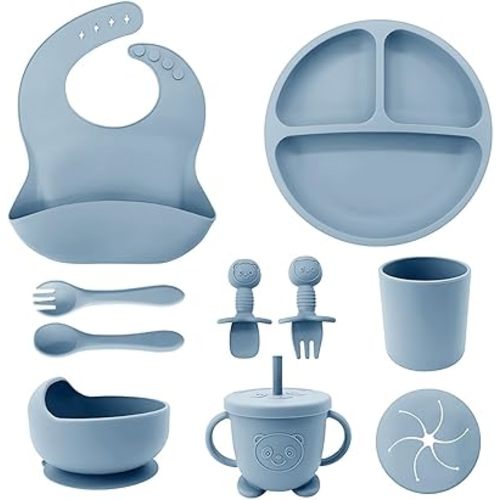 BPA-free silicone baby feeding set, ideal for baby-led weaning. This complete set includes the necessary items to encourage autonomy in the feeding of young children between 6 and 12 months. (BLUE)