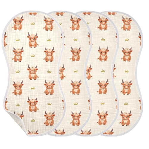 Highland Cow Muslin Burp Cloths for Baby Boys and Girls - 4-Pack Ultra Absorbent Muslin Washcloths, Newborn Towel, Milk Spit Up Rags, Burp Cloth Bib for Unisex, 22 x 11 Inch