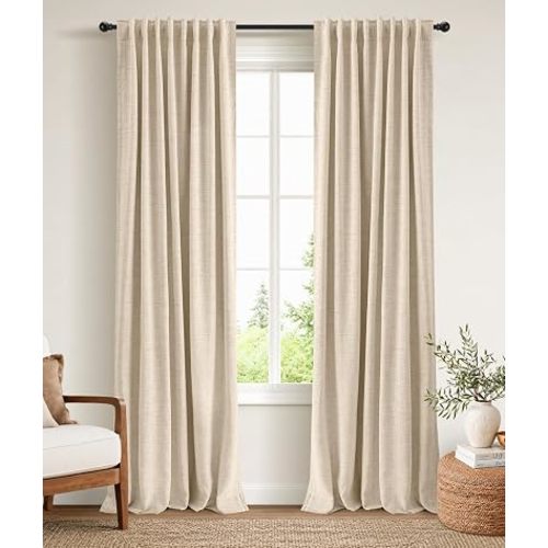 INOVADAY 100% Blackout Curtains 84 Inches Length 2 Panels Set, Back Tab/Rod Pocket Linen Black Out Curtains for Bedroom, Thermal Insulated Window Drapes - Oatmeal, W50 X L84