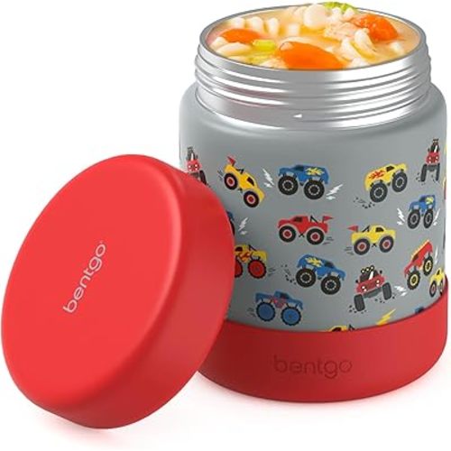 Bentgo Kids Stainless Steel Food Jar - 11oz Leak-Proof Double Insulated Hot or Cold Food Container with Removable Silicone Bumper, Dishwasher Safe, Easy Open Lid, Ages 3+ (Trucks)